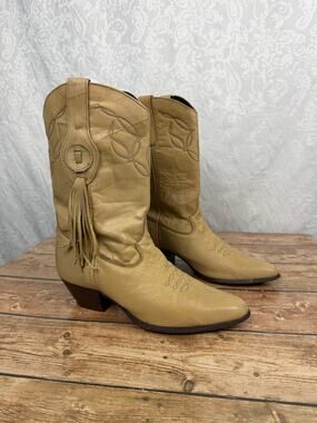 Laredo Women's Western Cowboy Boots Tan Leather Embroidered Fringe Toe Size 8